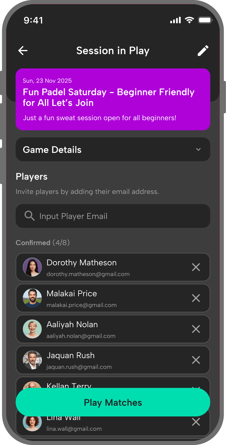 ARK Padel session screen